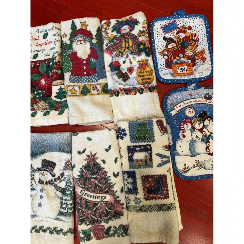 Vintage Christmas Kitchen Towel Pot Holder Lot Snowman Santa Gingerbread 12pc